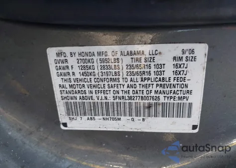 2007 Honda Odyssey Lx from USA, damaged, VIN 5FNRL38277B007626